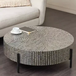 Kirklands Home Coffee Tables|Round Geometric Stripe Shell Coffee Table