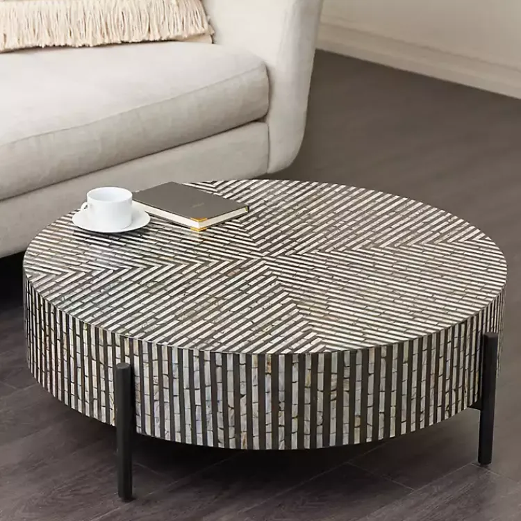 Kirklands Home Coffee Tables|Round Geometric Stripe Shell Coffee Table