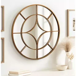 Kirklands Home Decorative Mirrors|Round Gold Geometric Overlay Wall Mirror