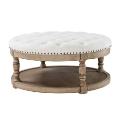 Kirklands Home Benches & Ottomans|Round Cepheus Tufted Ottoman Ivory