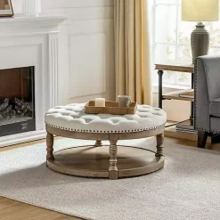 Kirklands Home Benches & Ottomans|Round Cepheus Tufted Ottoman Ivory