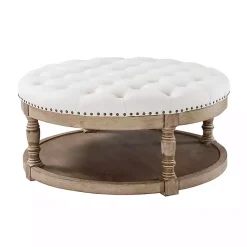 Kirklands Home Benches & Ottomans|Round Cepheus Tufted Ottoman Ivory