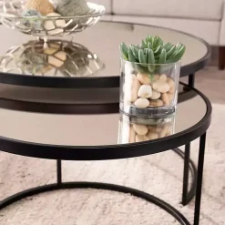 Kirklands Home Coffee Tables|Round Mirrored Nesting Tables, Set of 2 Black