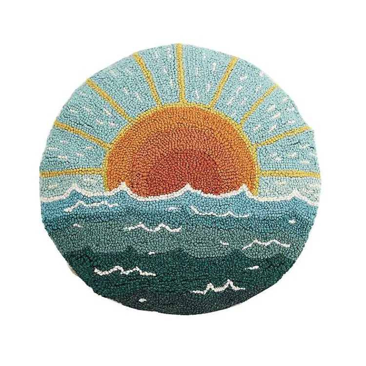 Online Round Sun Seascape Hooked Wool Pillow Pillows