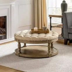 Kirklands Home Benches & Ottomans|Round Cepheus Tufted Ottoman Tan