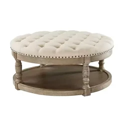 Kirklands Home Benches & Ottomans|Round Cepheus Tufted Ottoman Tan