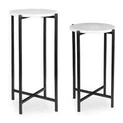 Kirklands Home Accent & End Tables|Round White Marble Accent Tables, Set of 2 Black