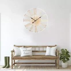 Kirklands Home Clocks|Round White Metal and Wood Wall Clock