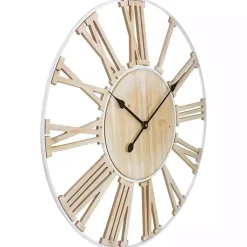 Kirklands Home Clocks|Round White Metal and Wood Wall Clock