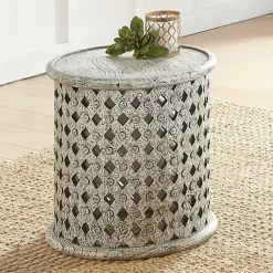 Kirklands Home Accent & End Tables|Round White Wood Lattice Accent Table