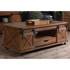 Kirklands Home Coffee Tables|Rustic Fir Wood Rolling Barn Door Coffee Table Tan