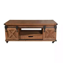 Kirklands Home Coffee Tables|Rustic Fir Wood Rolling Barn Door Coffee Table Tan