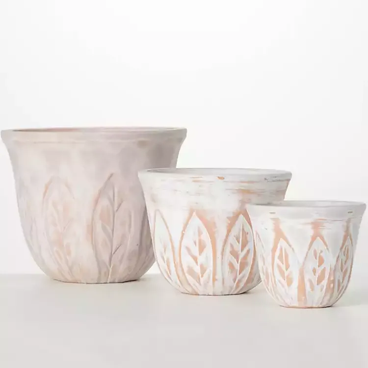 Kirklands Home Planters|Rustic Leaf Clay Planters, Set of 3 White