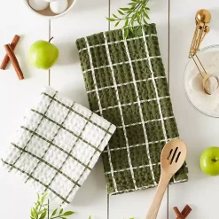 Kirklands Home Kitchen Accessories|Sage Windowpane Oversized Dish Towels, Set of 2 Green