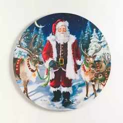 Hot Santa with Reindeer Round Canvas Art Print Christmas Art & Wall Decor