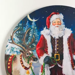 Hot Santa with Reindeer Round Canvas Art Print Christmas Art & Wall Decor