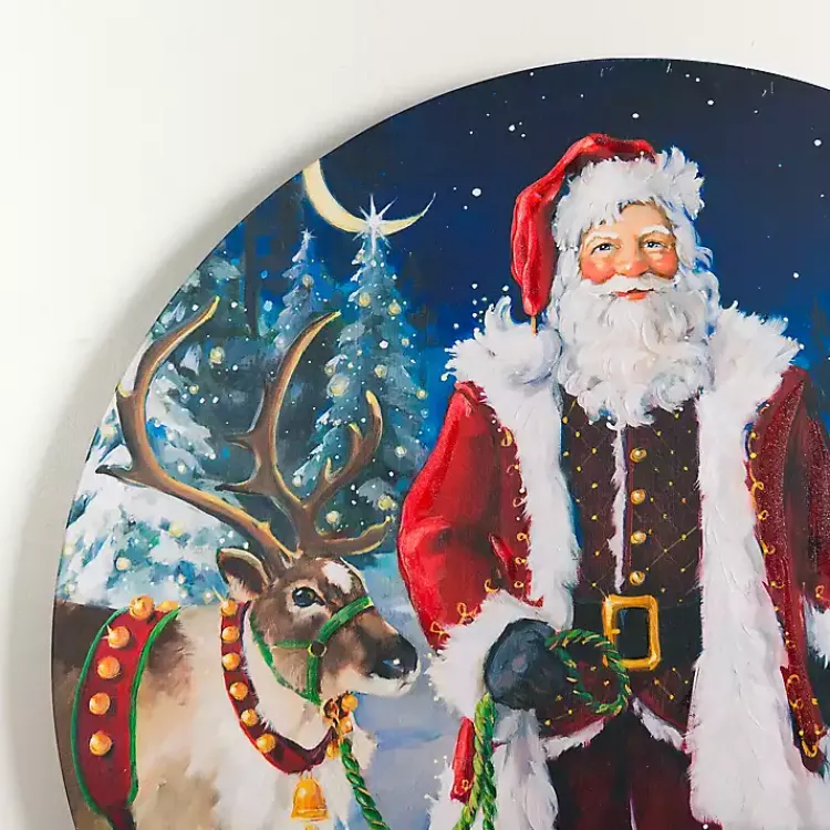 Hot Santa with Reindeer Round Canvas Art Print Christmas Art & Wall Decor