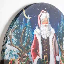 Hot Santa with Reindeer Round Canvas Art Print Christmas Art & Wall Decor