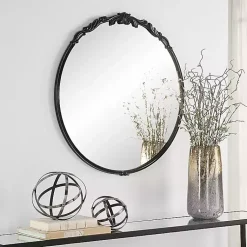 Kirklands Home Decorative Mirrors|Satin Black Ornate Round Wall Mirror