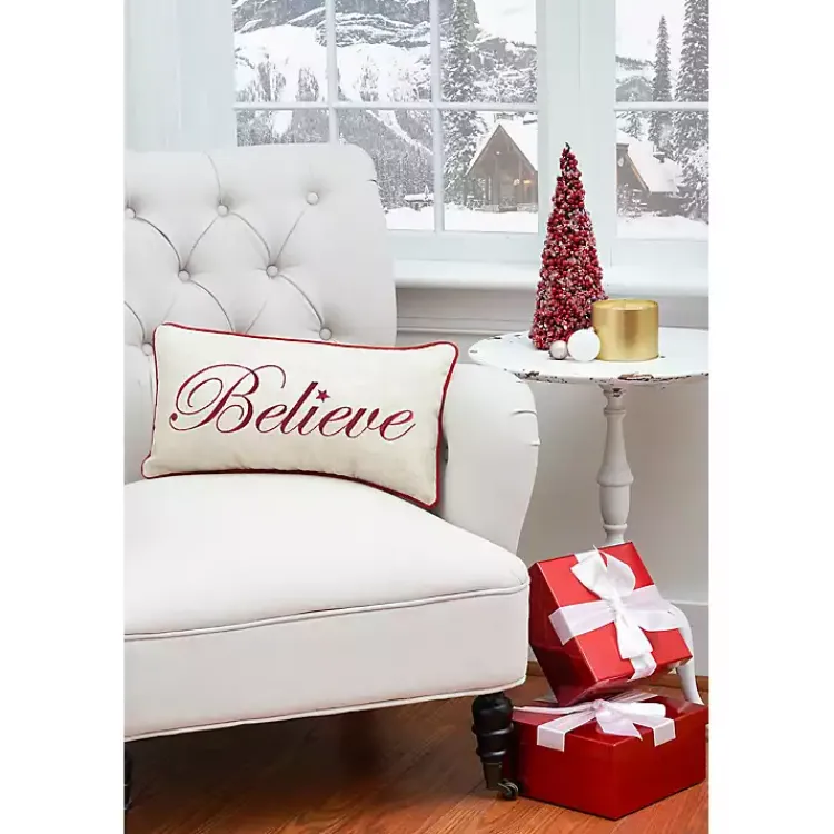 New Silver and Red Believe Lumbar Pillow Christmas Pillows