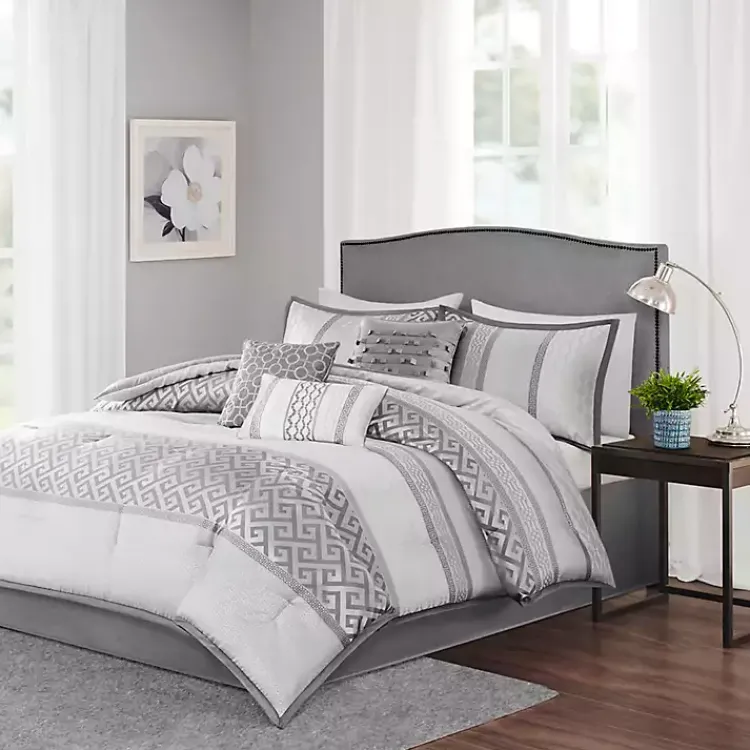 Kirklands Home Comforters|Silver Geometric Stripes 7-pc. Queen Comforter Set