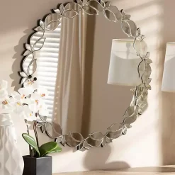 Kirklands Home Decorative Mirrors|Silver Petal Leaf Round Wood Frame Wall Mirror
