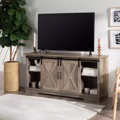 Kirklands Home Tv Stands & Media Consoles|Sliding Barn Door Open Shelf Wash TV Stand Gray
