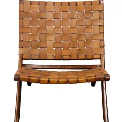 Kirklands Home Accent Chairs|Solid Teak and Genuine Leather Lounge Chair Brown