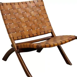 Kirklands Home Accent Chairs|Solid Teak and Genuine Leather Lounge Chair Brown