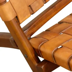 Kirklands Home Accent Chairs|Solid Teak and Genuine Leather Lounge Chair Brown