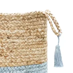 Outlet Spa Blue and Tan Woven Basket with Tassel, 17 in. Baskets & Boxes