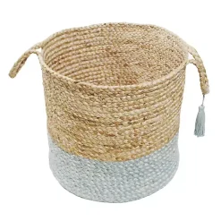 Outlet Spa Blue and Tan Woven Basket with Tassel, 17 in. Baskets & Boxes