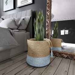 Outlet Spa Blue and Tan Woven Basket with Tassel, 17 in. Baskets & Boxes