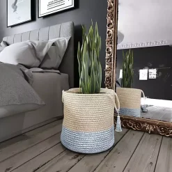 Spa Blue and White Jute Basket with Tassel, 17 in. Baskets & Boxes