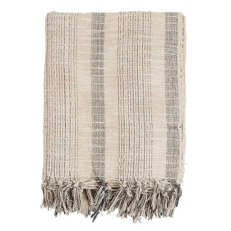 Discount Stripes and Fringe Cream Throw Blanket Blankets & Throws