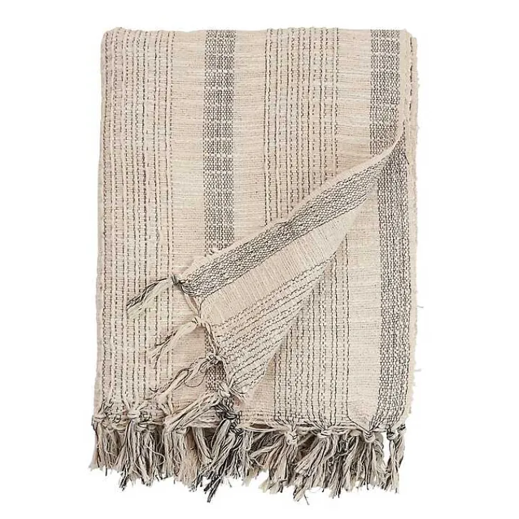 Discount Stripes and Fringe Cream Throw Blanket Blankets & Throws