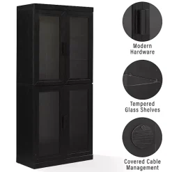 Kirklands Home Cabinets & Sideboards|Tall Black Wood and Glass Door Storage Cabinet