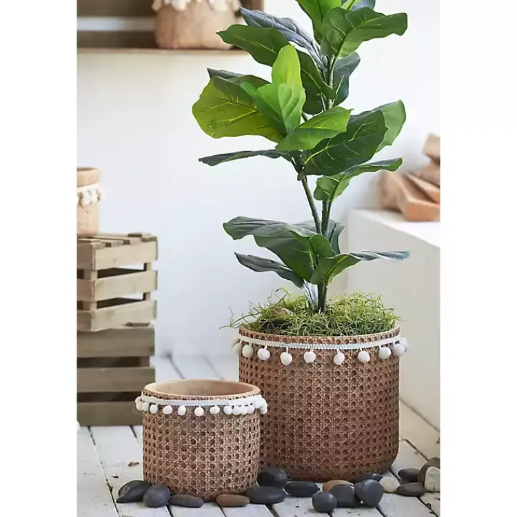 Kirklands Home Planters|Tall Woven Cement Baskets with Pom Poms, Set of 2 Brown