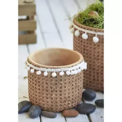 Kirklands Home Planters|Tall Woven Cement Baskets with Pom Poms, Set of 2 Brown