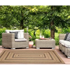 Kirklands Home Outdoor Rugs|Tan and Black Framed Indoor/Outdoor Area Rug, 7X9