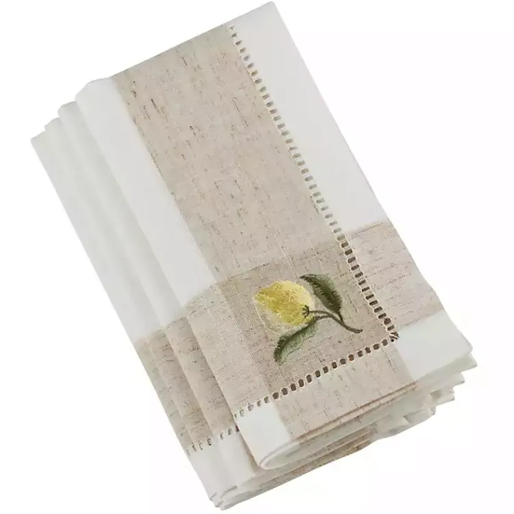 Kirklands Home Table Linens|Tan Hemstitch Embroidered Lemon Napkins, Set of 4
