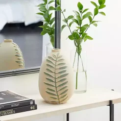 Best Tan Raised Green Fern Ceramic Vase, 10 in. Vases