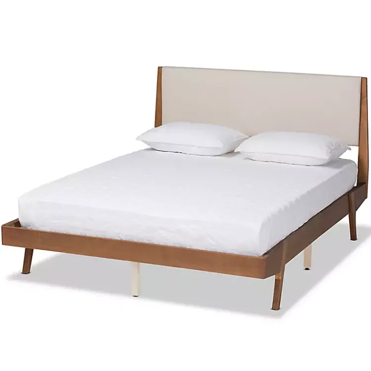 Kirklands Home Beds & Headboards|Tan Upholstered Brown Wood Full Platform Bed