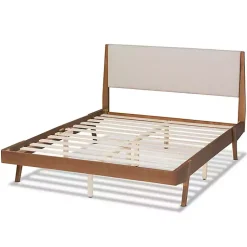 Kirklands Home Beds & Headboards|Tan Upholstered Brown Wood Full Platform Bed