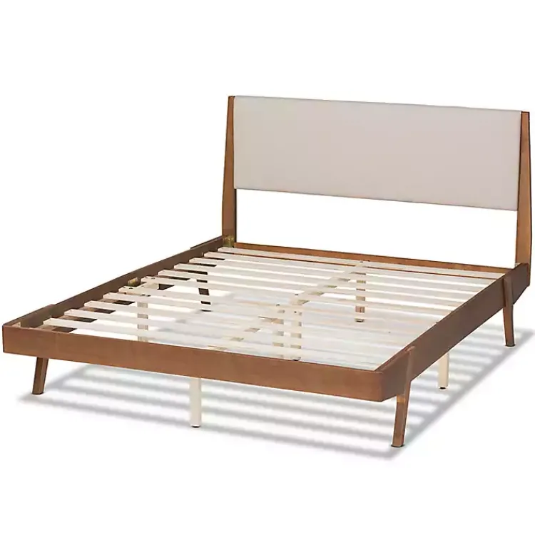 Kirklands Home Beds & Headboards|Tan Upholstered Brown Wood Full Platform Bed