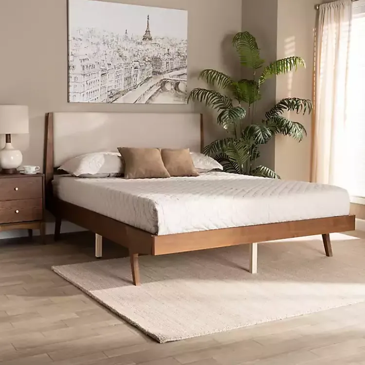 Kirklands Home Beds & Headboards|Tan Upholstered Brown Wood Full Platform Bed