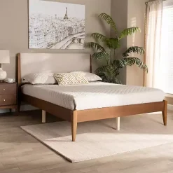 Kirklands Home Beds & Headboards|Tan Upholstered Brown Wood King Platform Bed