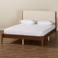Kirklands Home Beds & Headboards|Tan Upholstered Brown Wood King Platform Bed