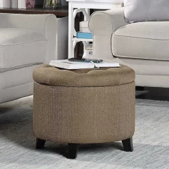 Kirklands Home Benches & Ottomans|Upholstered Eliza Round Storage Ottoman Tan