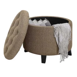 Kirklands Home Benches & Ottomans|Upholstered Eliza Round Storage Ottoman Tan